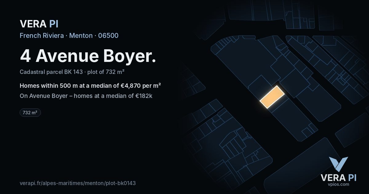4 Avenue Boyer, Menton at night – the plot lit, the parcels around coloured by the prices near them