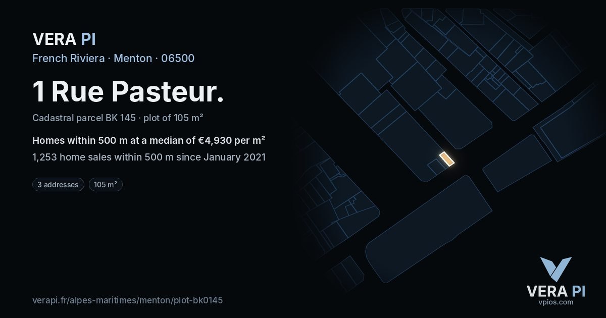 1 Rue Pasteur, Menton at night – the plot lit, the parcels around coloured by the prices near them