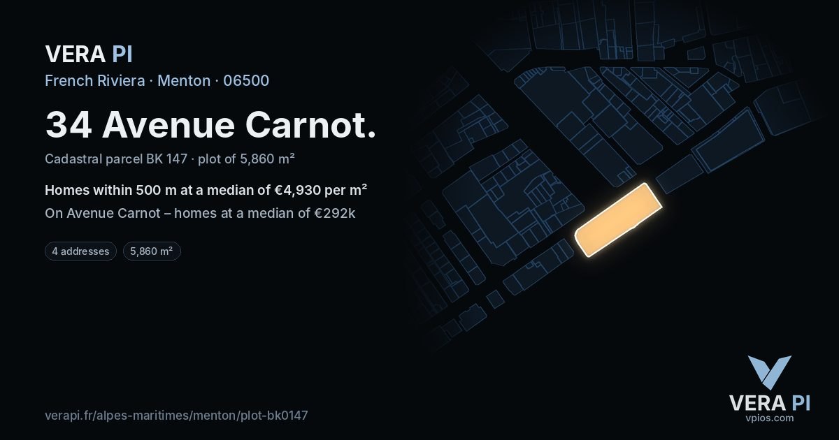 34 Avenue Carnot, Menton at night – the plot lit, the parcels around coloured by the prices near them