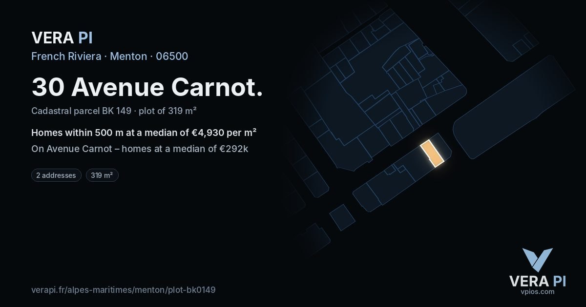 30 Avenue Carnot, Menton at night – the plot lit, the parcels around coloured by the prices near them