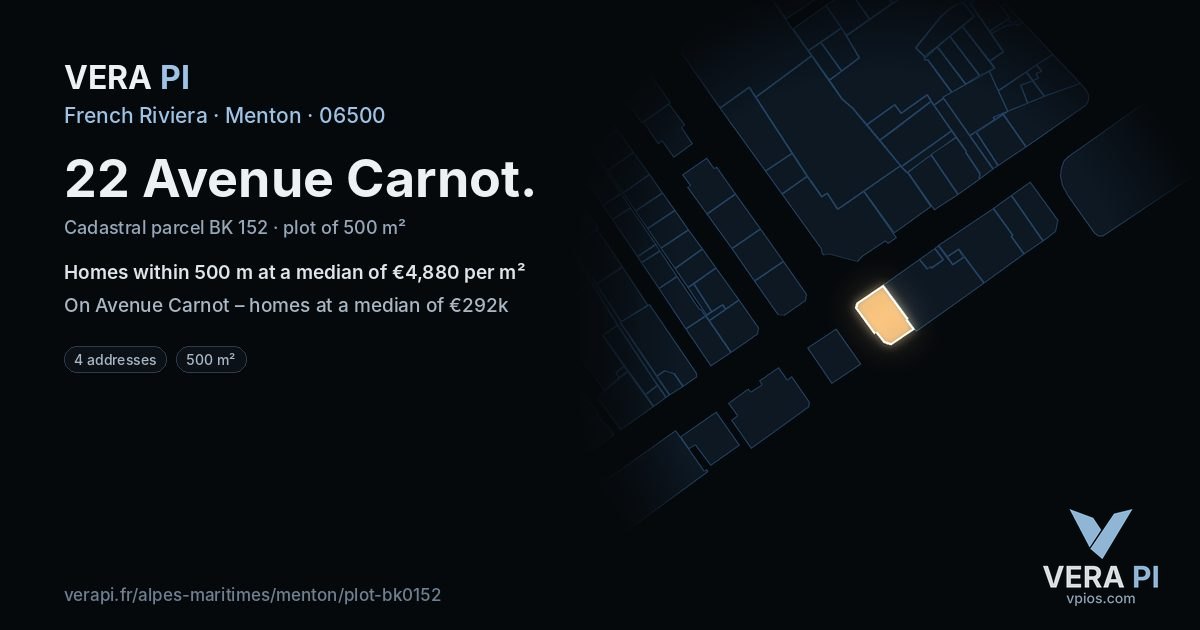 22 Avenue Carnot, Menton at night – the plot lit, the parcels around coloured by the prices near them
