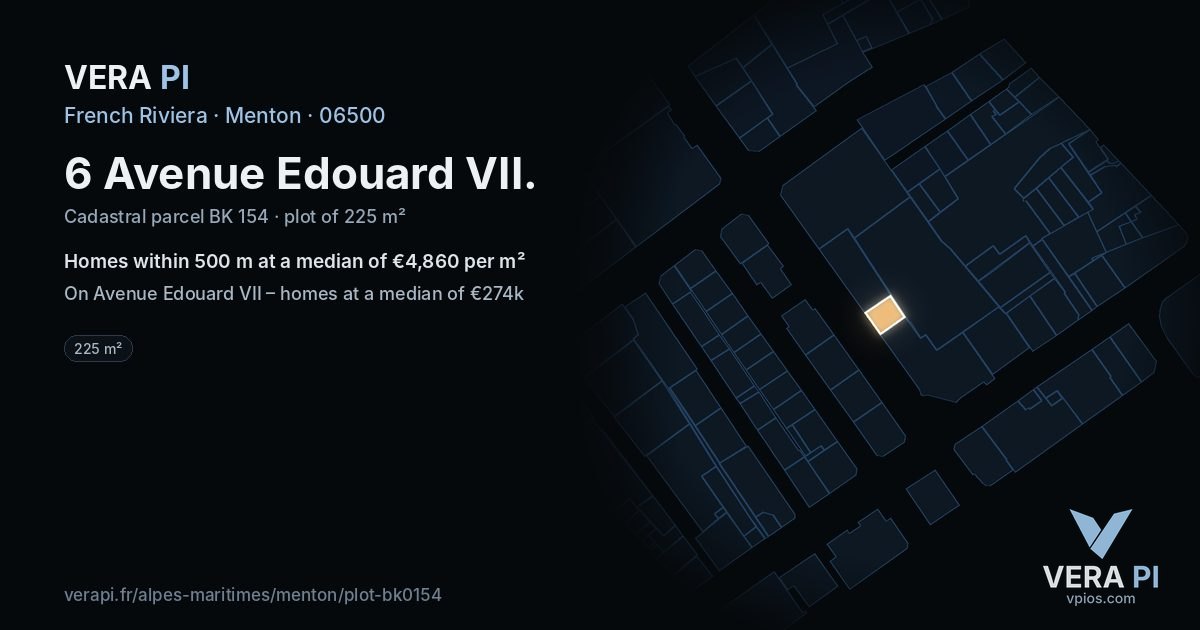 6 Avenue Edouard VII, Menton at night – the plot lit, the parcels around coloured by the prices near them