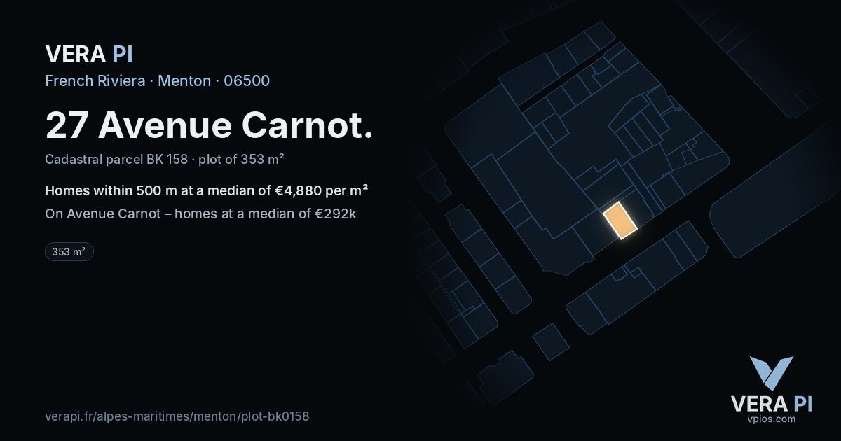 27 Avenue Carnot, Menton at night – the plot lit, the parcels around coloured by the prices near them