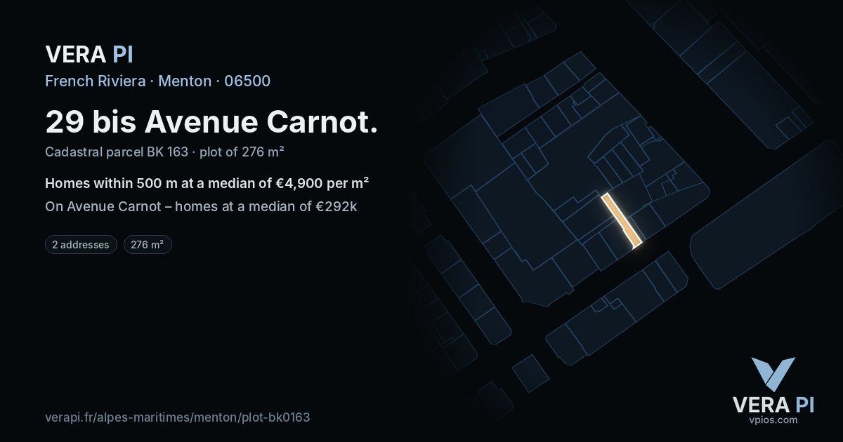 29 bis Avenue Carnot, Menton at night – the plot lit, the parcels around coloured by the prices near them