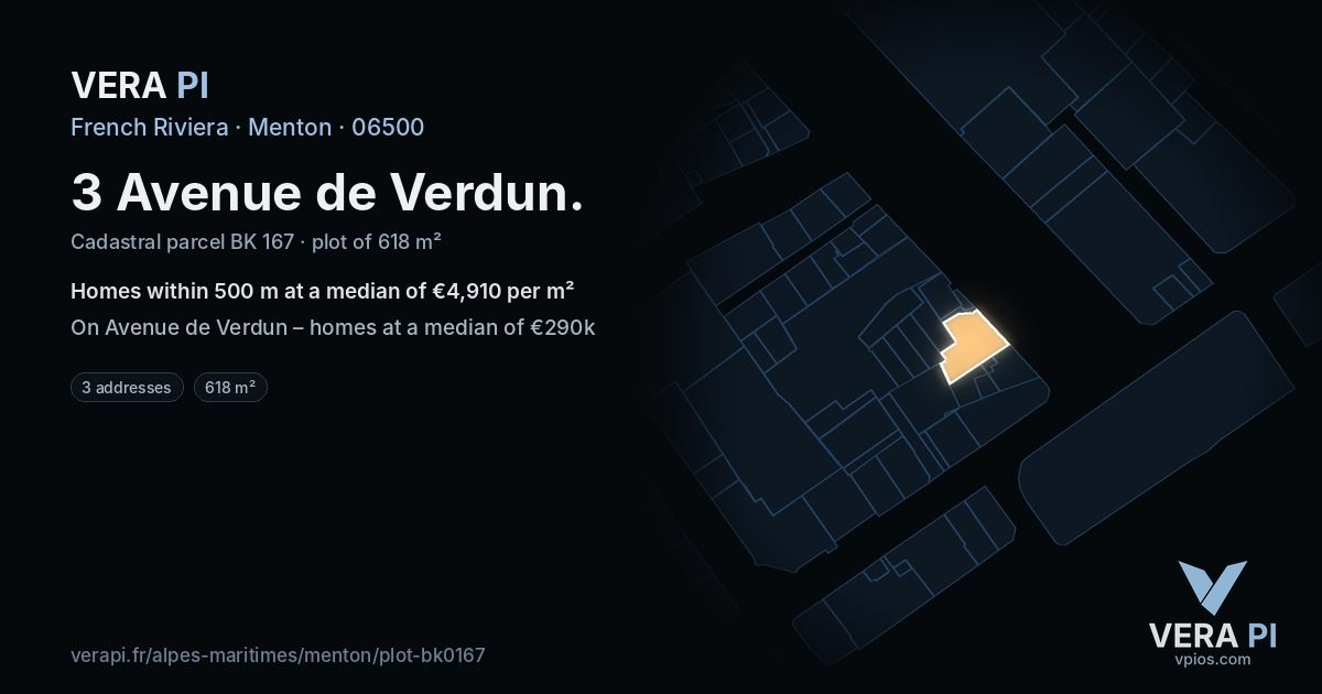 3 Avenue de Verdun, Menton at night – the plot lit, the parcels around coloured by the prices near them