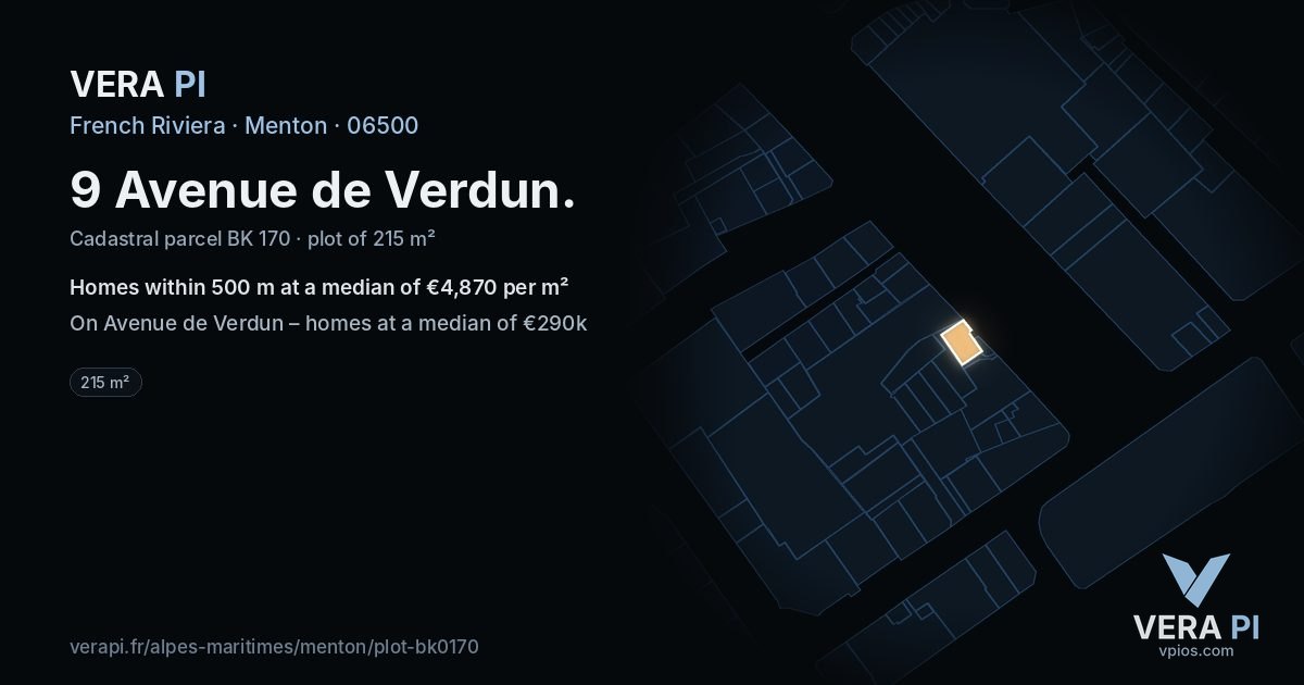 9 Avenue de Verdun, Menton at night – the plot lit, the parcels around coloured by the prices near them