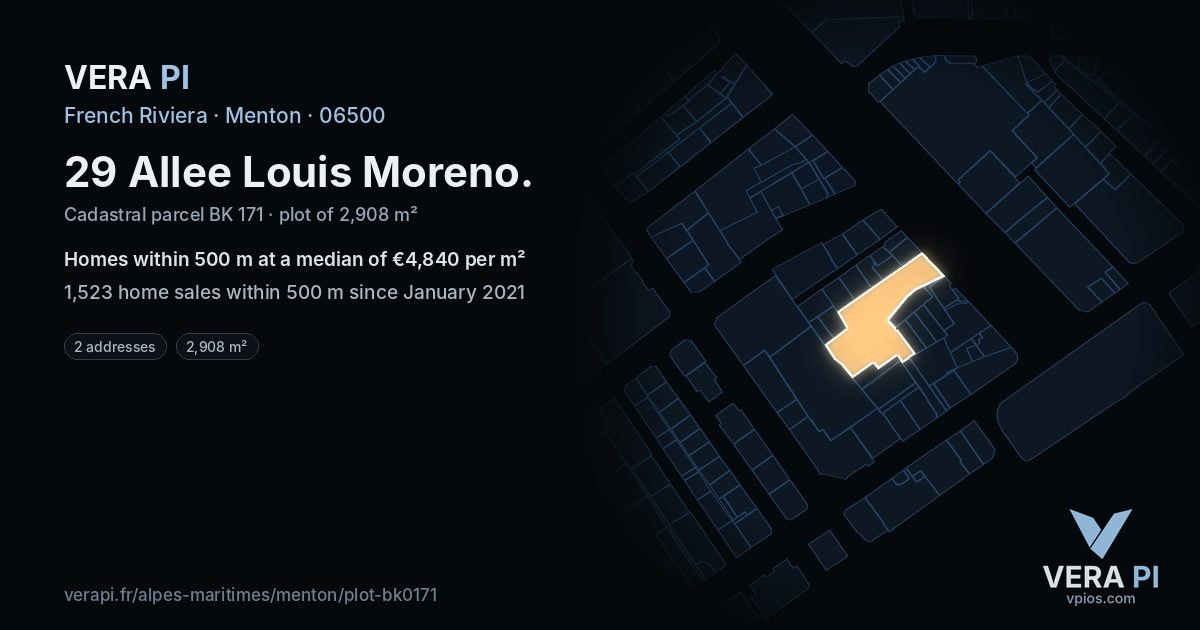 29 Allee Louis Moreno, Menton at night – the plot lit, the parcels around coloured by the prices near them