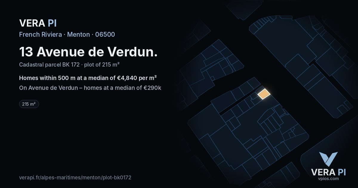13 Avenue de Verdun, Menton at night – the plot lit, the parcels around coloured by the prices near them