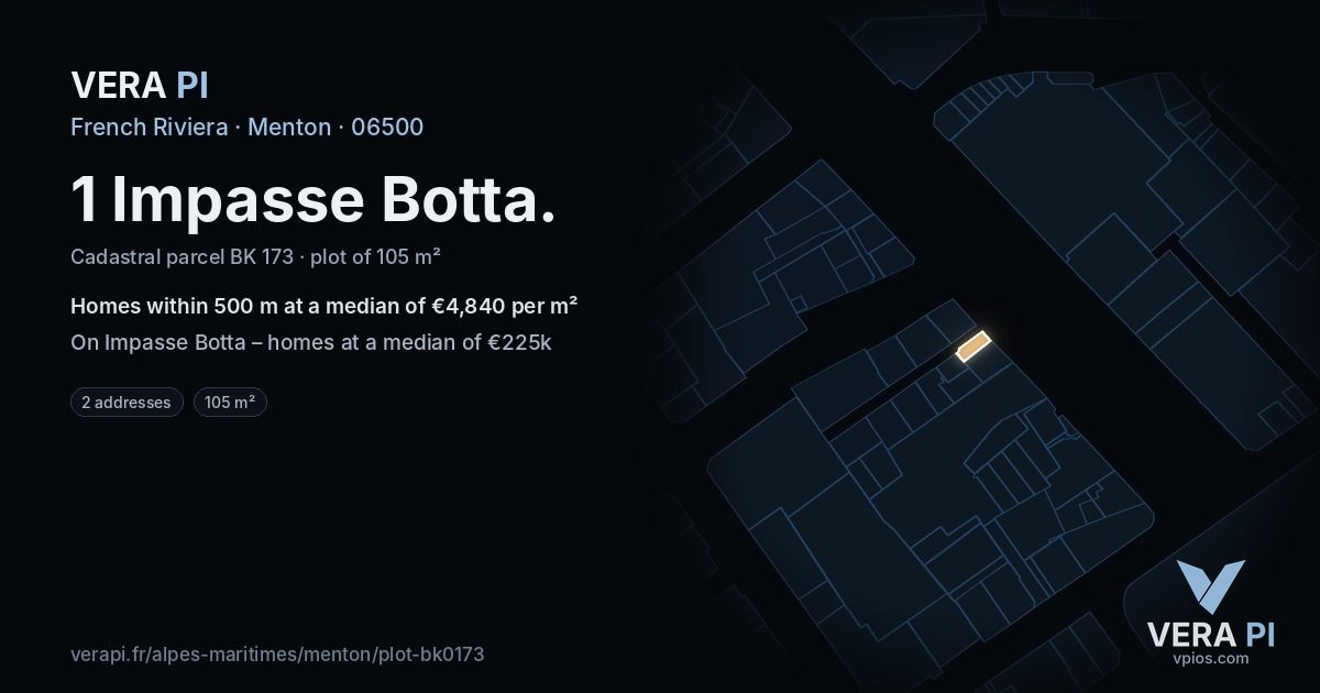 1 Impasse Botta, Menton at night – the plot lit, the parcels around coloured by the prices near them