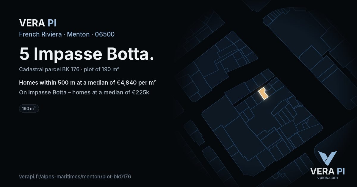 5 Impasse Botta, Menton at night – the plot lit, the parcels around coloured by the prices near them