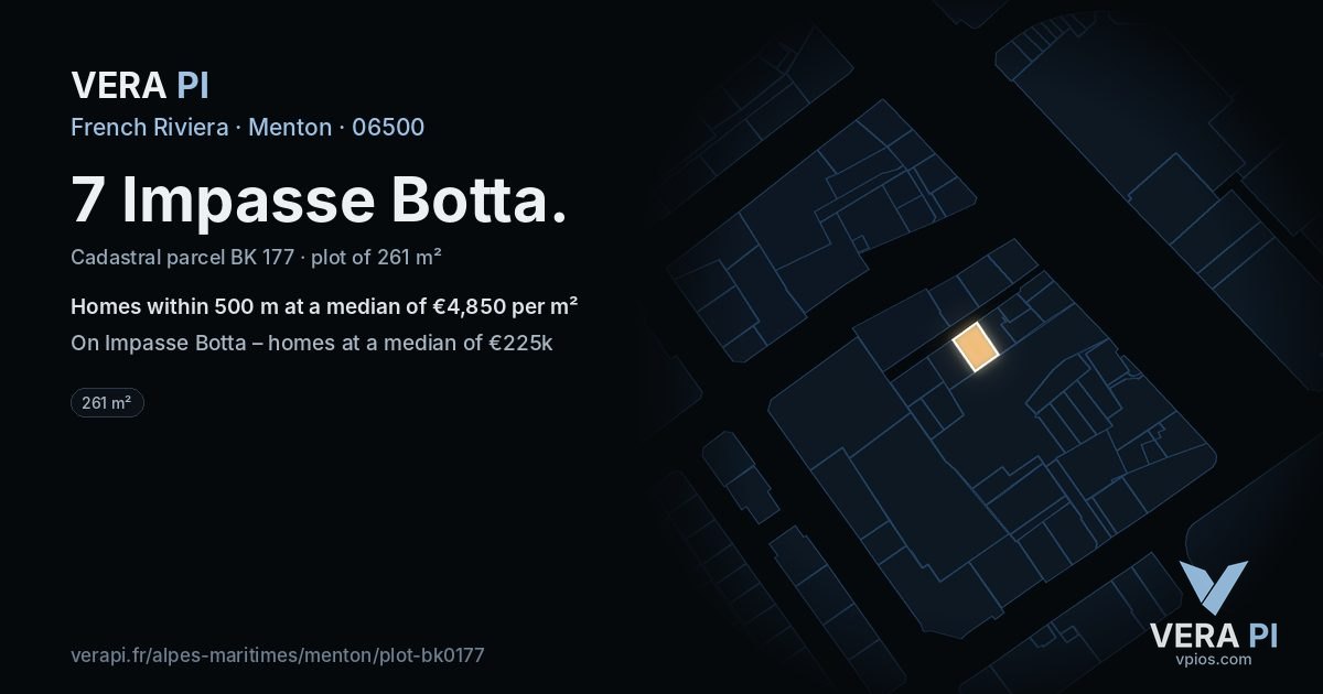 7 Impasse Botta, Menton at night – the plot lit, the parcels around coloured by the prices near them