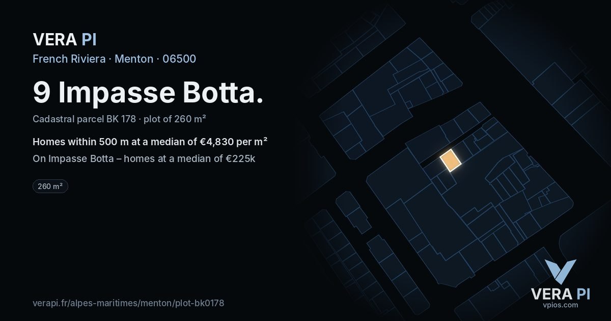9 Impasse Botta, Menton at night – the plot lit, the parcels around coloured by the prices near them