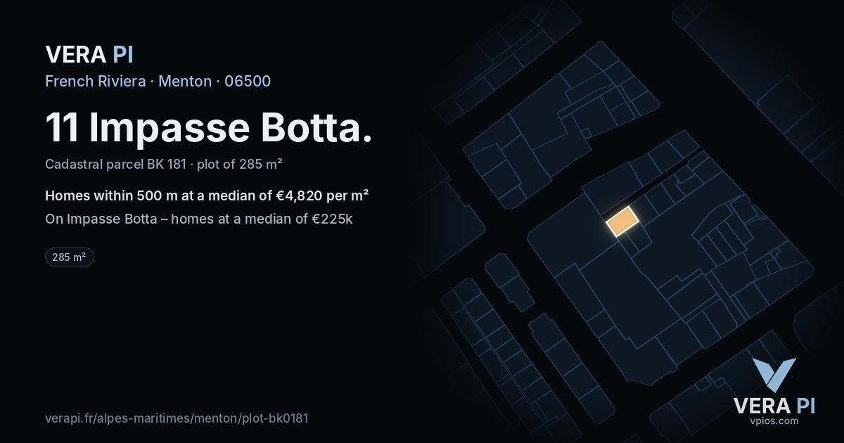11 Impasse Botta, Menton at night – the plot lit, the parcels around coloured by the prices near them