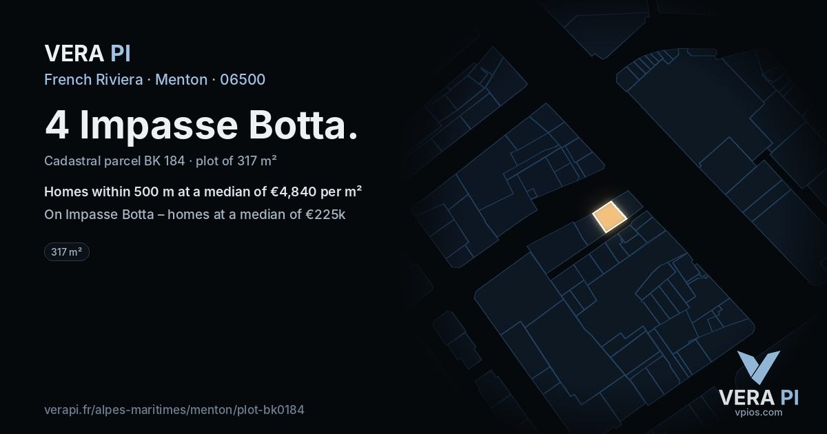 4 Impasse Botta, Menton at night – the plot lit, the parcels around coloured by the prices near them