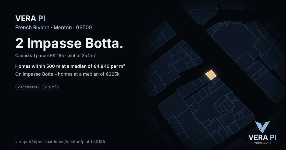 2 Impasse Botta, Menton at night – the plot lit, the parcels around coloured by the prices near them
