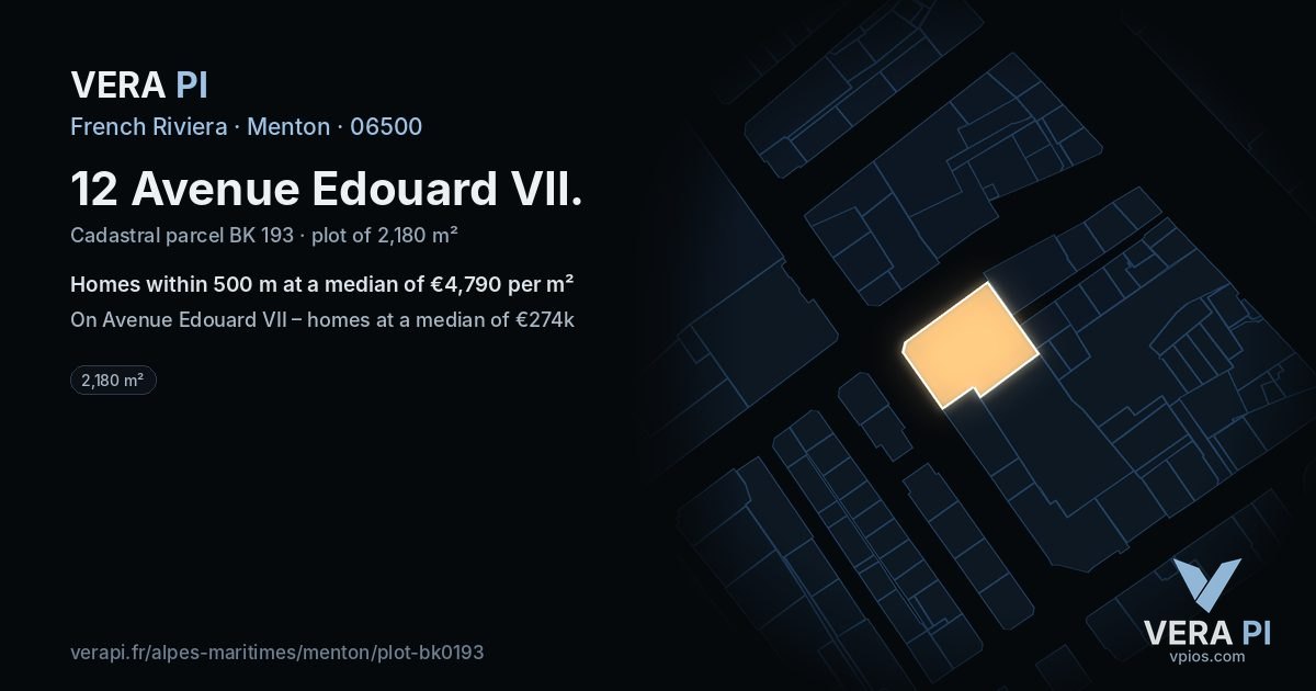 12 Avenue Edouard VII, Menton at night – the plot lit, the parcels around coloured by the prices near them