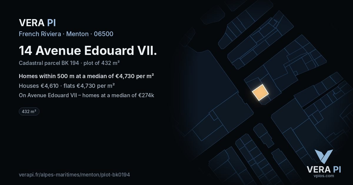 14 Avenue Edouard VII, Menton at night – the plot lit, the parcels around coloured by the prices near them