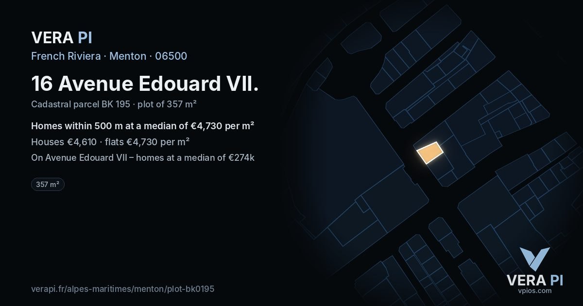 16 Avenue Edouard VII, Menton at night – the plot lit, the parcels around coloured by the prices near them
