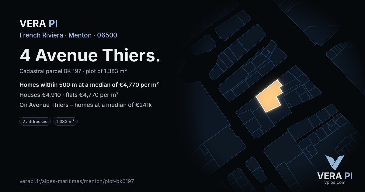 4 Avenue Thiers, Menton at night – the plot lit, the parcels around coloured by the prices near them