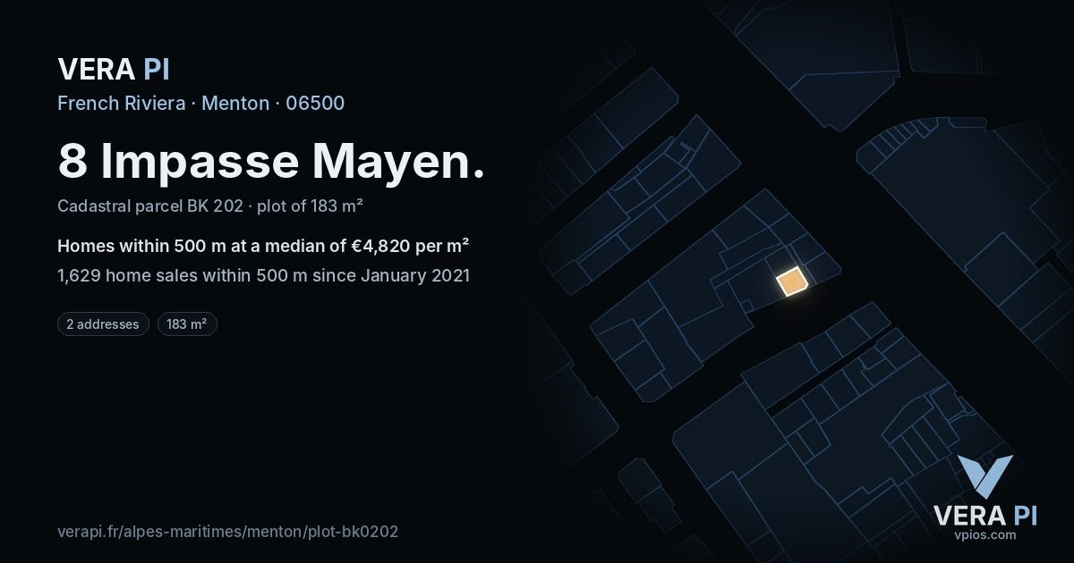 8 Impasse Mayen, Menton at night – the plot lit, the parcels around coloured by the prices near them