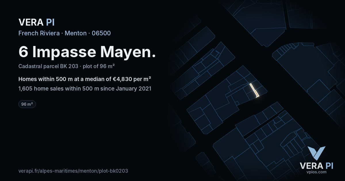 6 Impasse Mayen, Menton at night – the plot lit, the parcels around coloured by the prices near them