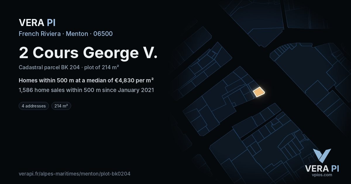 2 Cours George V, Menton at night – the plot lit, the parcels around coloured by the prices near them