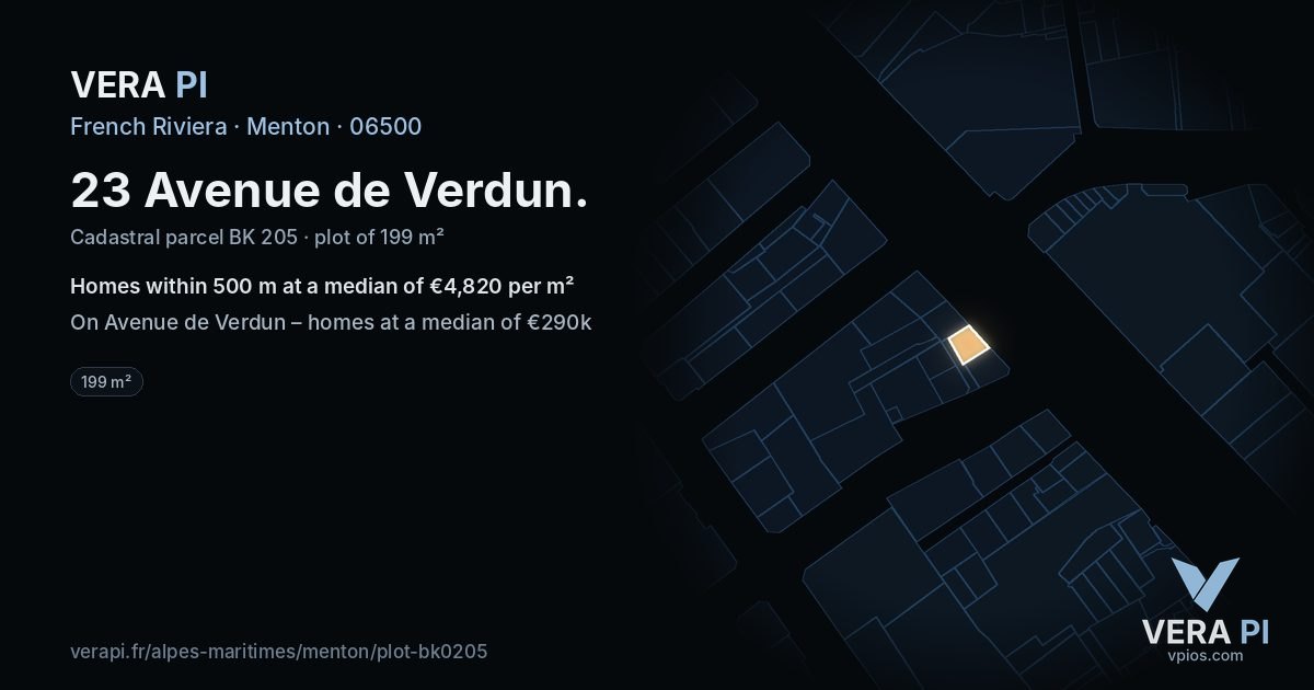23 Avenue de Verdun, Menton at night – the plot lit, the parcels around coloured by the prices near them