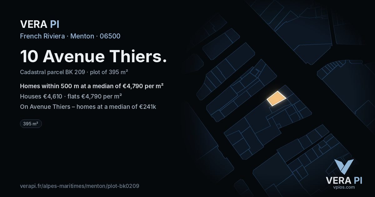 10 Avenue Thiers, Menton at night – the plot lit, the parcels around coloured by the prices near them