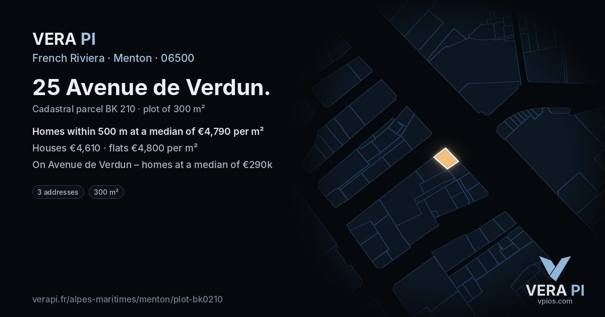 25 Avenue de Verdun, Menton at night – the plot lit, the parcels around coloured by the prices near them