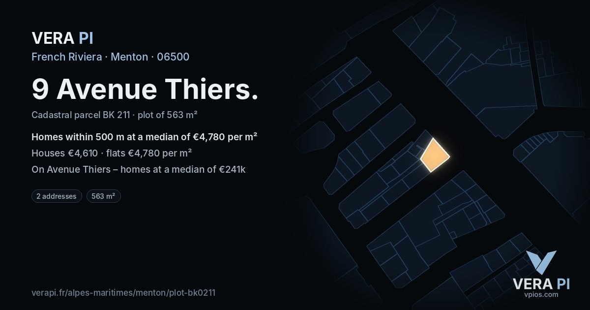 9 Avenue Thiers, Menton at night – the plot lit, the parcels around coloured by the prices near them