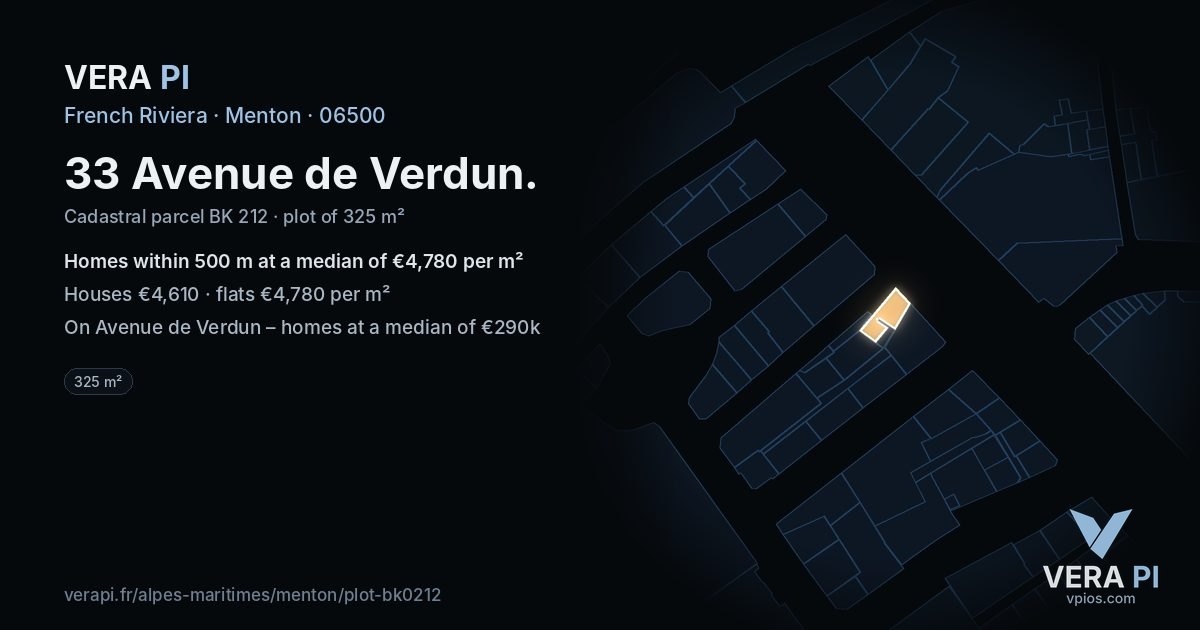 33 Avenue de Verdun, Menton at night – the plot lit, the parcels around coloured by the prices near them