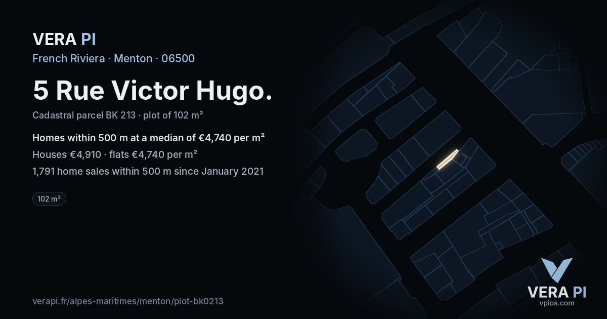 5 Rue Victor Hugo, Menton at night – the plot lit, the parcels around coloured by the prices near them