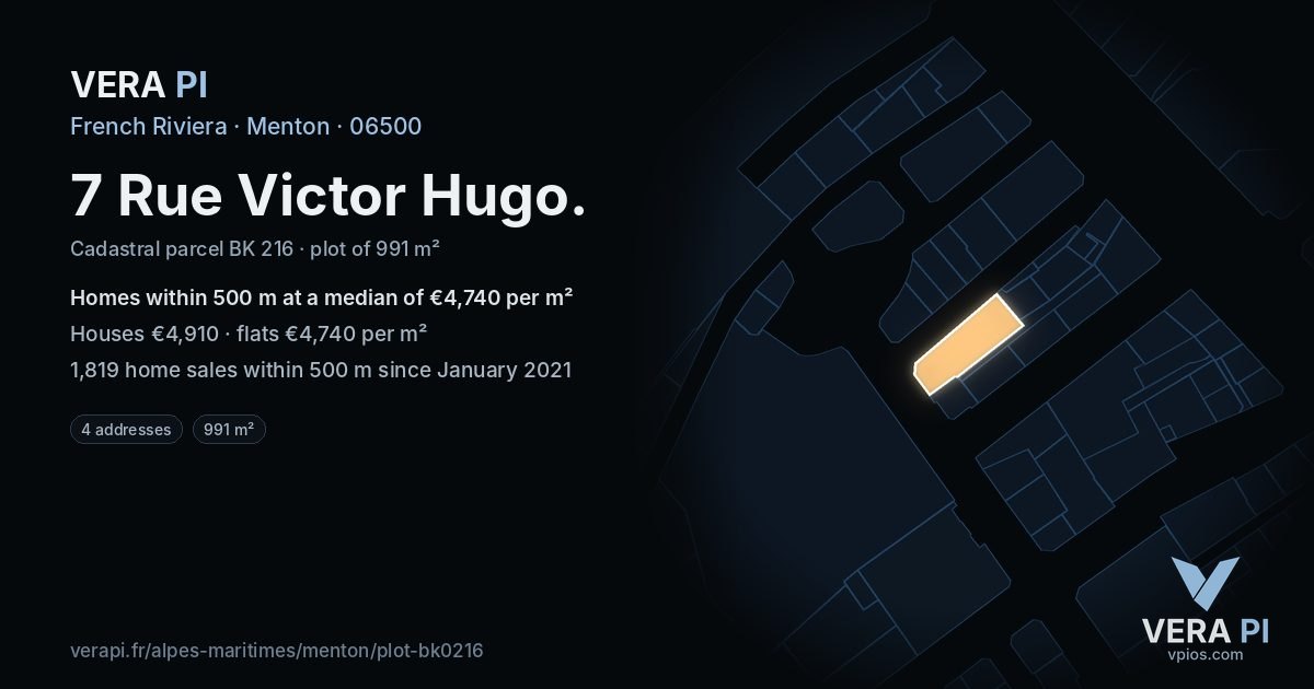 7 Rue Victor Hugo, Menton at night – the plot lit, the parcels around coloured by the prices near them