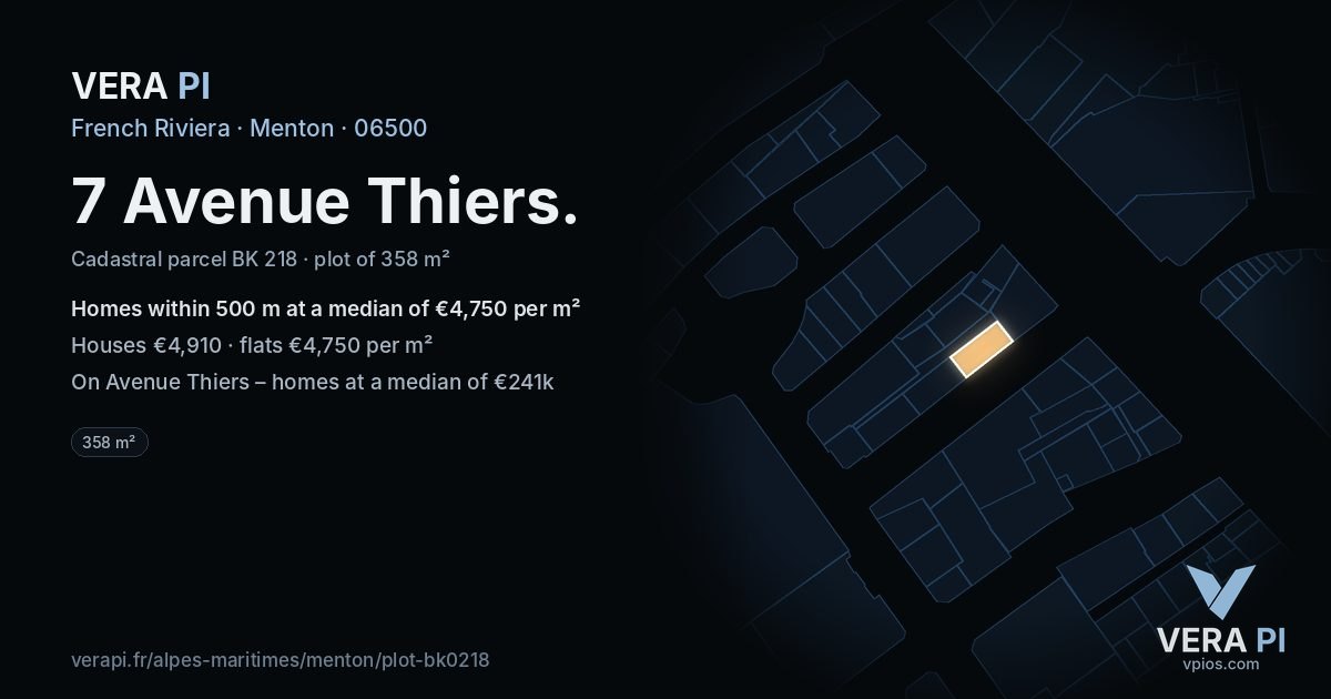 7 Avenue Thiers, Menton at night – the plot lit, the parcels around coloured by the prices near them