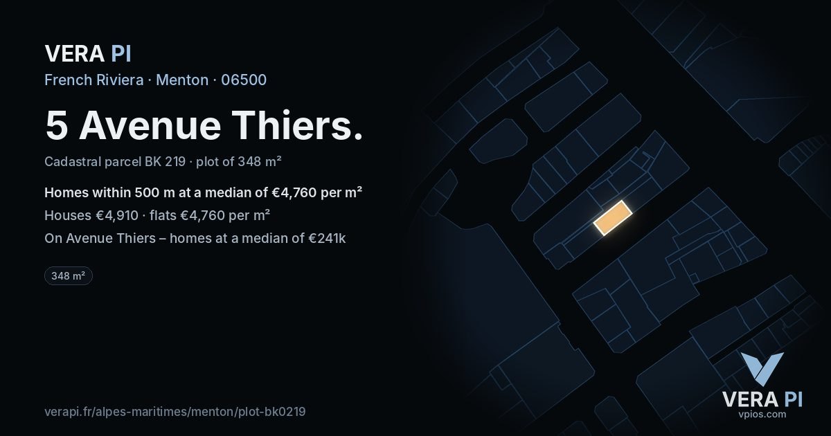 5 Avenue Thiers, Menton at night – the plot lit, the parcels around coloured by the prices near them