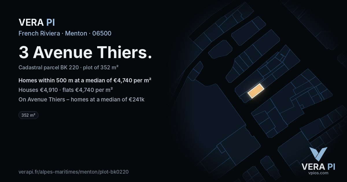 3 Avenue Thiers, Menton at night – the plot lit, the parcels around coloured by the prices near them