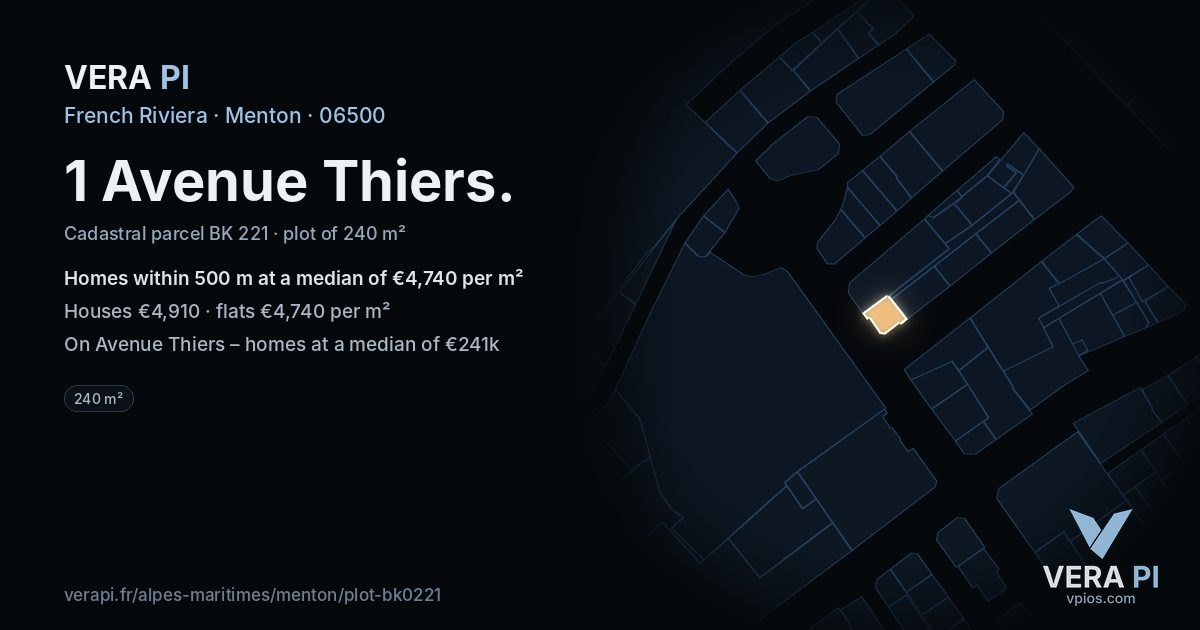 1 Avenue Thiers, Menton at night – the plot lit, the parcels around coloured by the prices near them