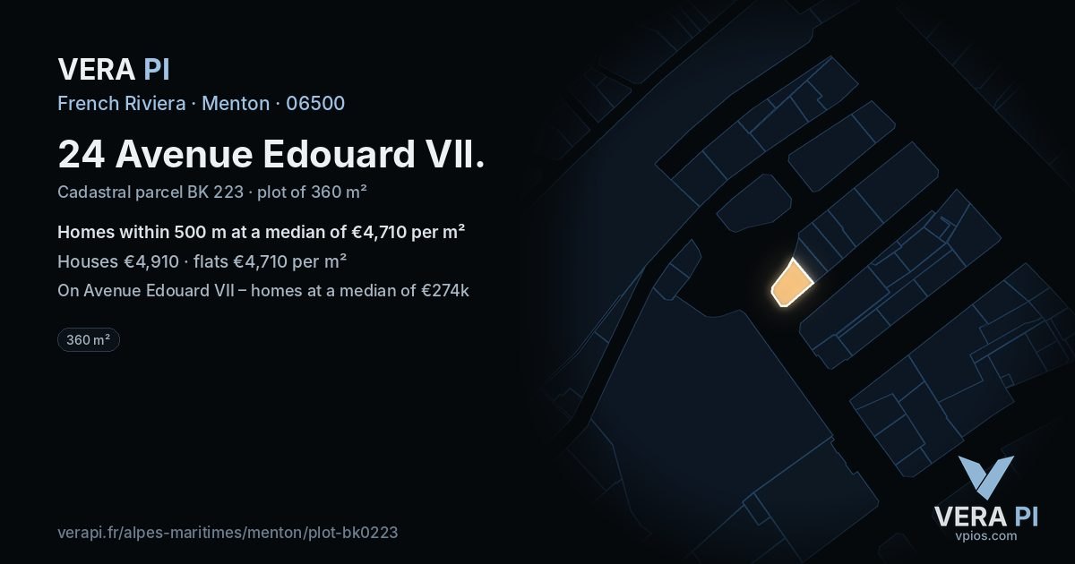 24 Avenue Edouard VII, Menton at night – the plot lit, the parcels around coloured by the prices near them