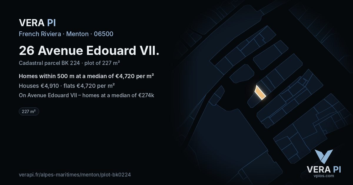26 Avenue Edouard VII, Menton at night – the plot lit, the parcels around coloured by the prices near them
