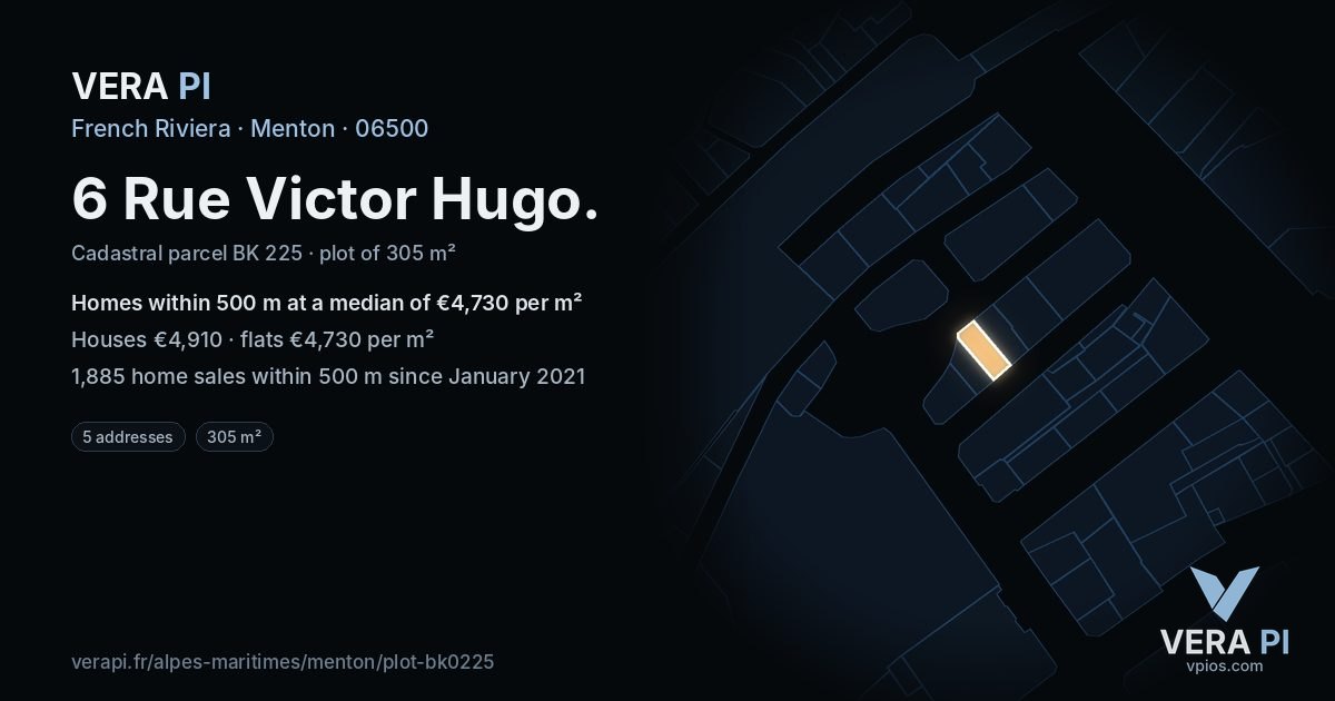 6 Rue Victor Hugo, Menton at night – the plot lit, the parcels around coloured by the prices near them