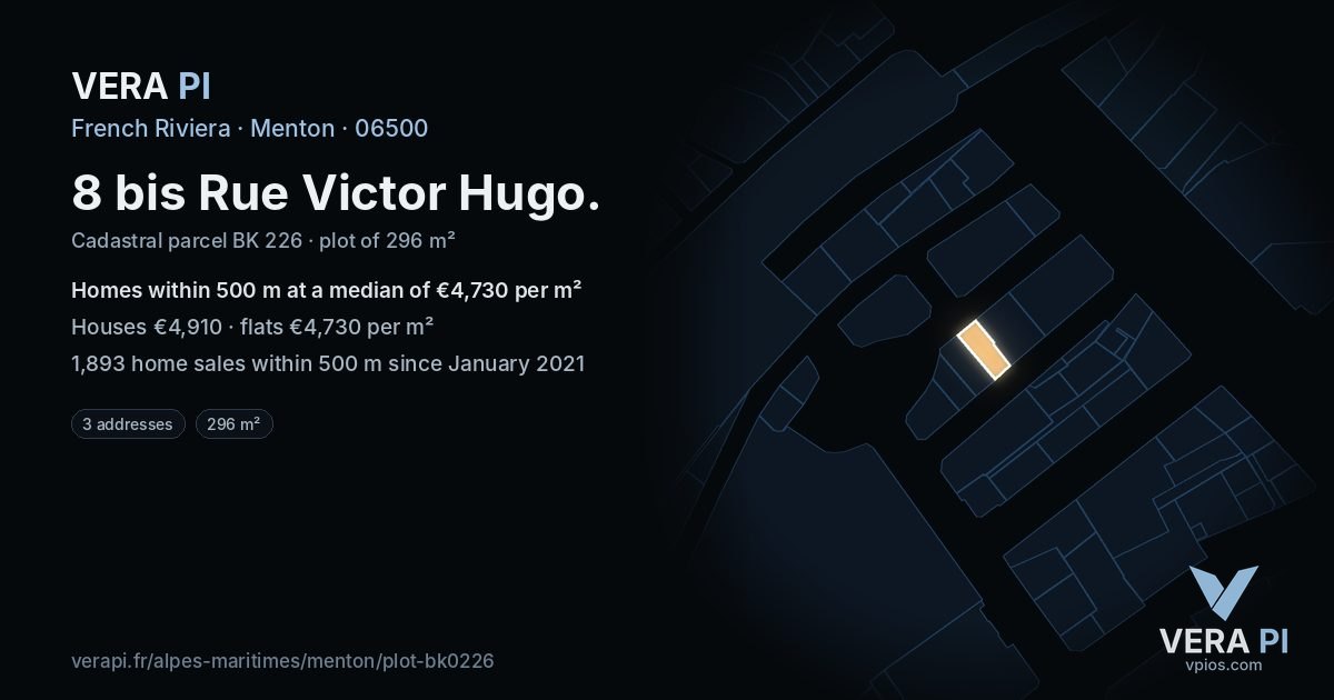 8 bis Rue Victor Hugo, Menton at night – the plot lit, the parcels around coloured by the prices near them