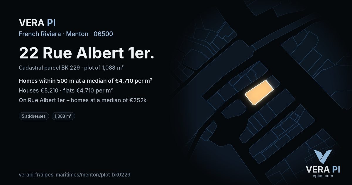 22 Rue Albert 1er, Menton at night – the plot lit, the parcels around coloured by the prices near them
