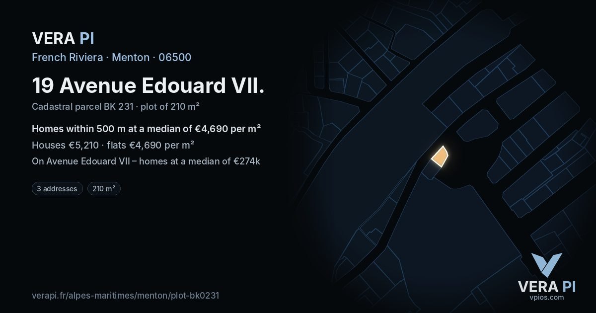 19 Avenue Edouard VII, Menton at night – the plot lit, the parcels around coloured by the prices near them