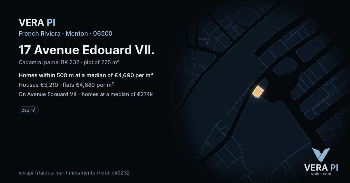 17 Avenue Edouard VII, Menton at night – the plot lit, the parcels around coloured by the prices near them
