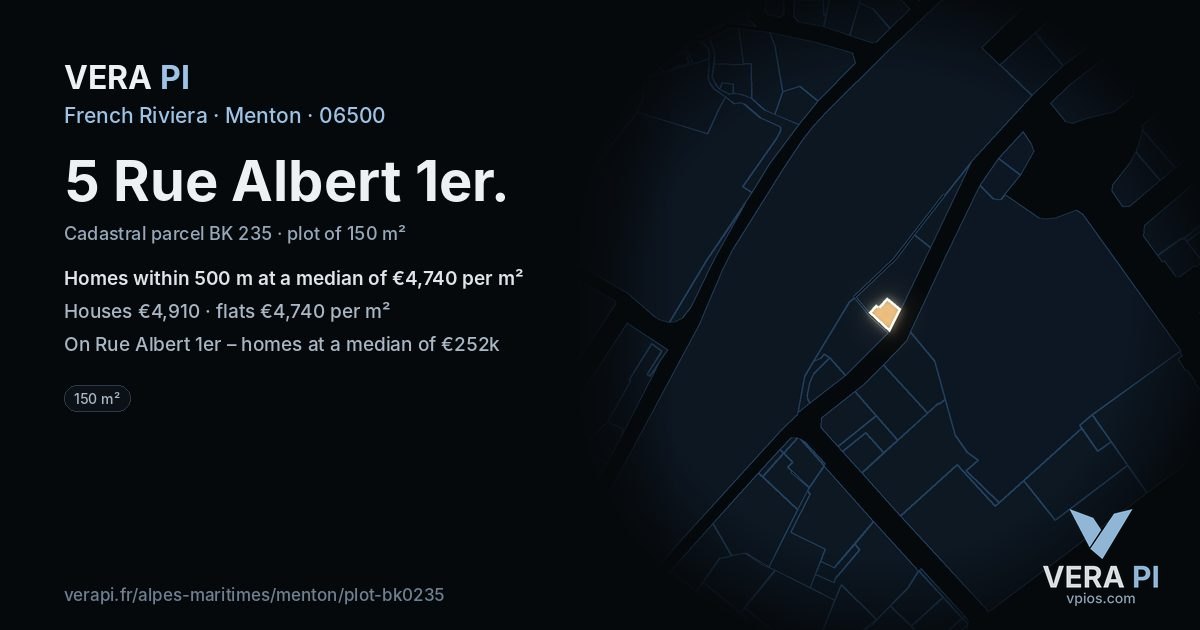 5 Rue Albert 1er, Menton at night – the plot lit, the parcels around coloured by the prices near them