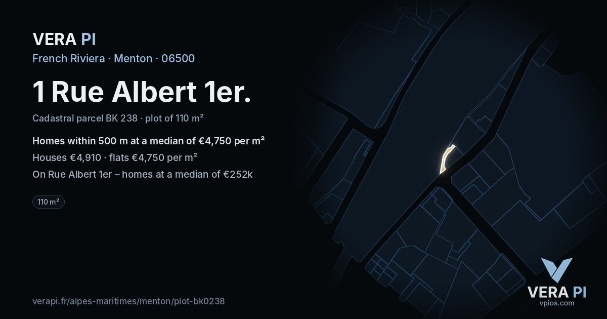 1 Rue Albert 1er, Menton at night – the plot lit, the parcels around coloured by the prices near them