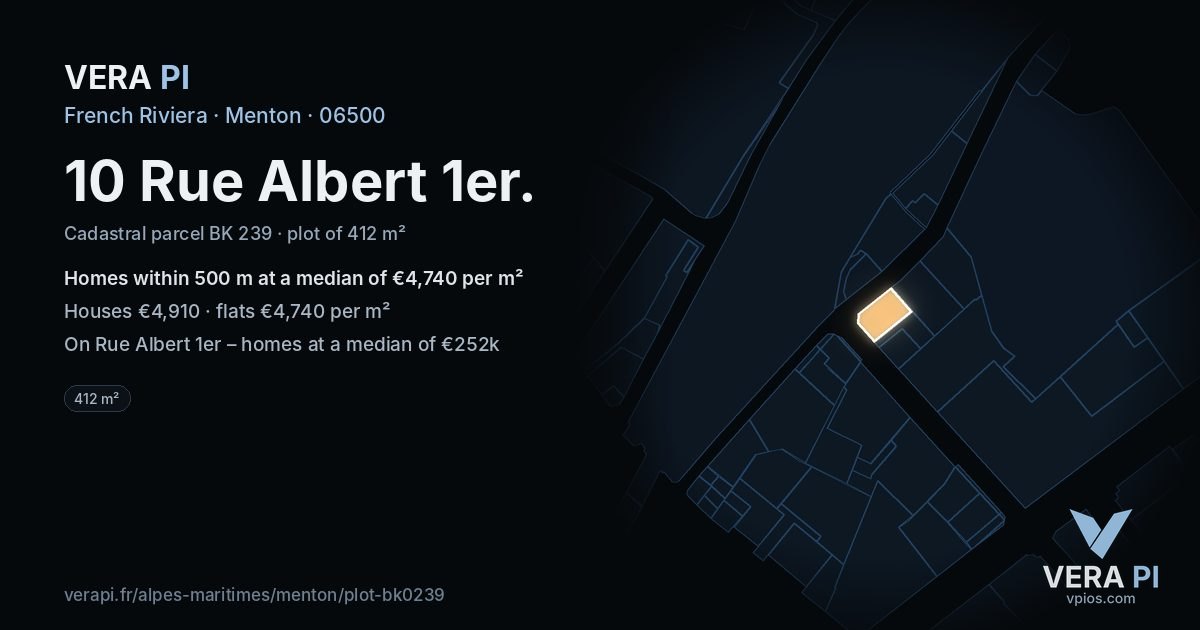 10 Rue Albert 1er, Menton at night – the plot lit, the parcels around coloured by the prices near them