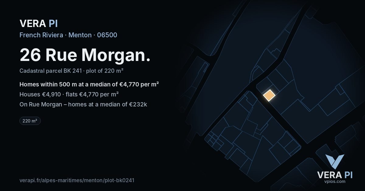 26 Rue Morgan, Menton at night – the plot lit, the parcels around coloured by the prices near them