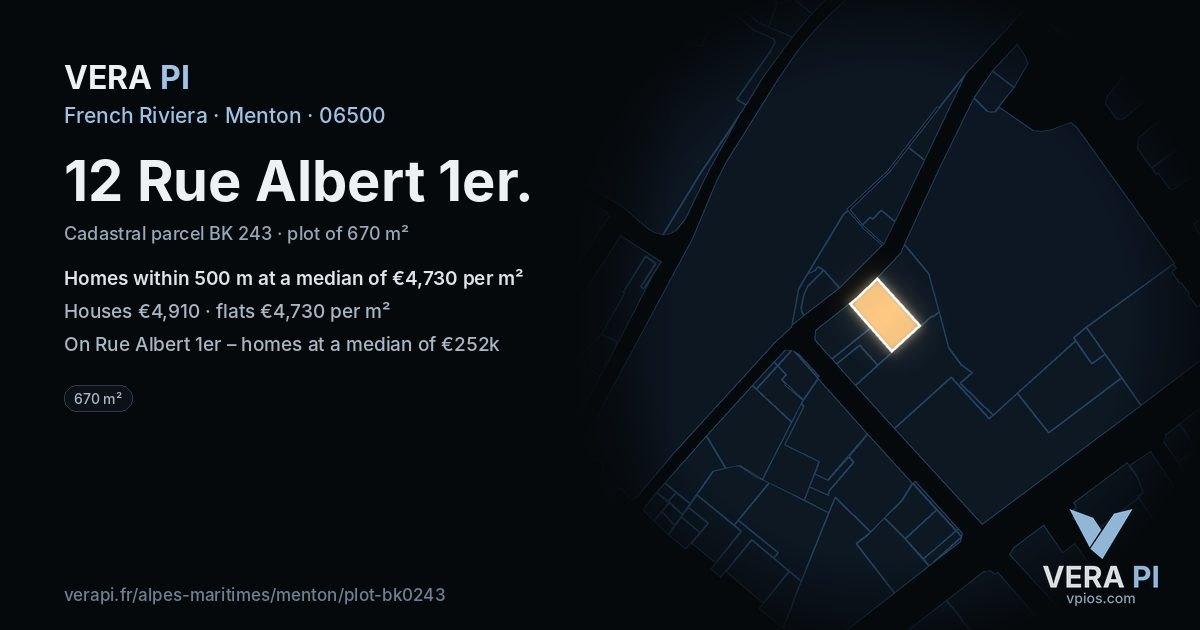 12 Rue Albert 1er, Menton at night – the plot lit, the parcels around coloured by the prices near them