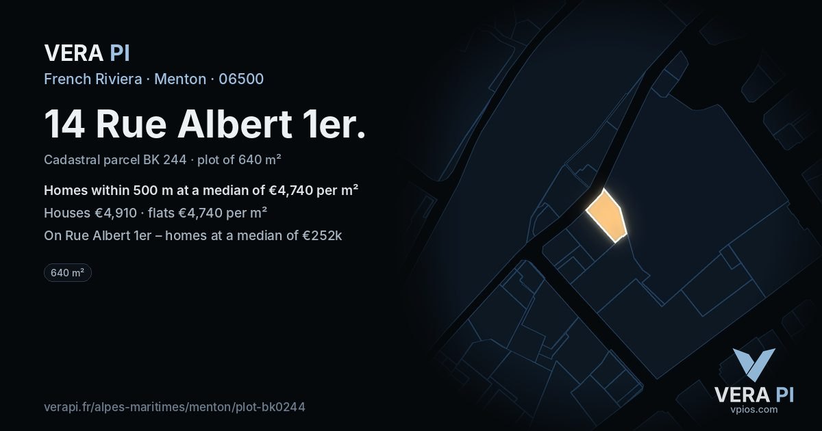 14 Rue Albert 1er, Menton at night – the plot lit, the parcels around coloured by the prices near them